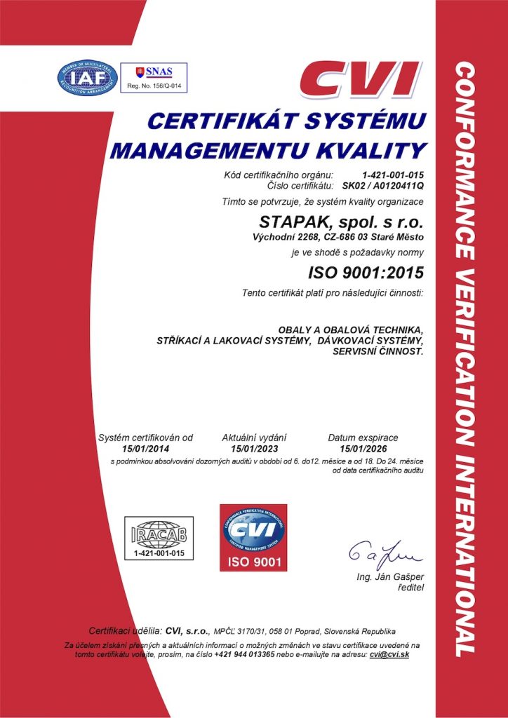 Certifikat ISO 9001 page 0001 - STAPAK | Stříkací a lakovací systémy, obalová technika - Staré Město